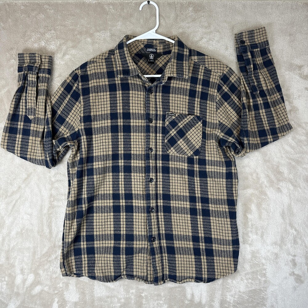 Volcom Shirt Mens Medium Blue Plaid Flannel Long Sleeve Button Up Classic Fit